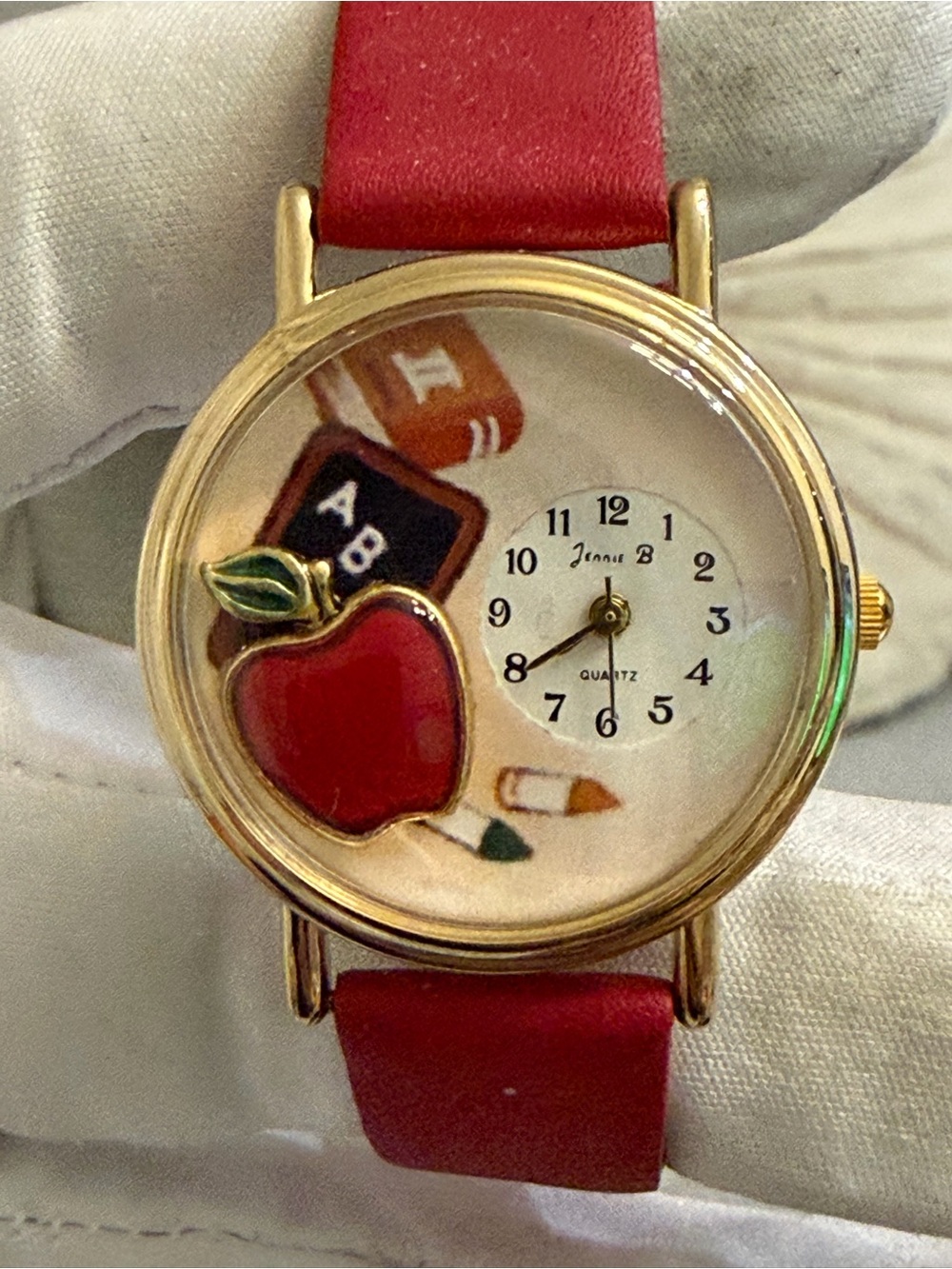 Vintage Jennie B Teacher Quartz Watch Red Strap Back to School Novelty Floating